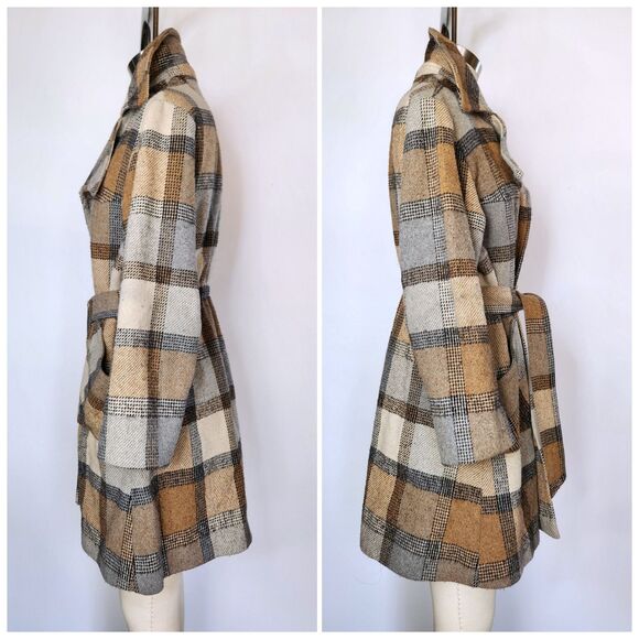 70s Plaid Coat jacket with Pointed Collar and Pockets - Blanket Coat Belted XS S - Picture 2 of 10